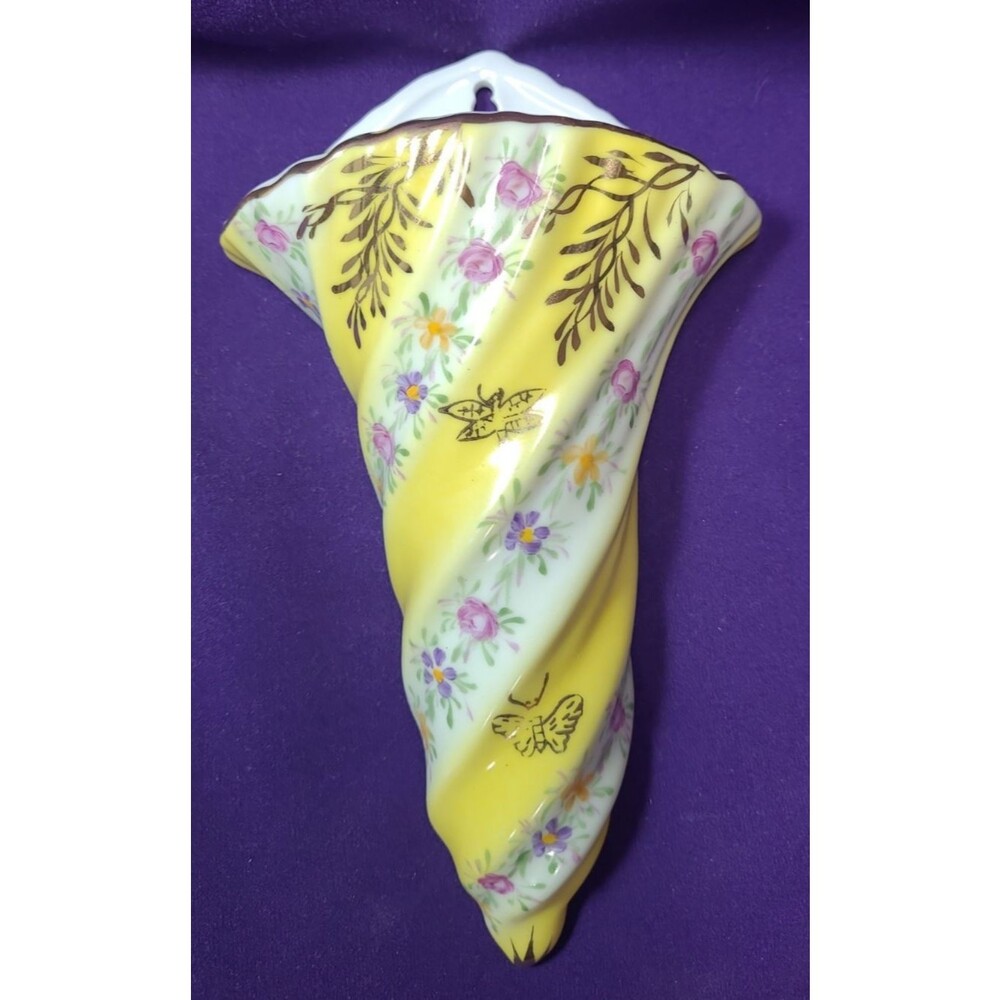 Limoges China Hand Painted Porcelain Wall Pocket Vase Yellow Floral Gold France